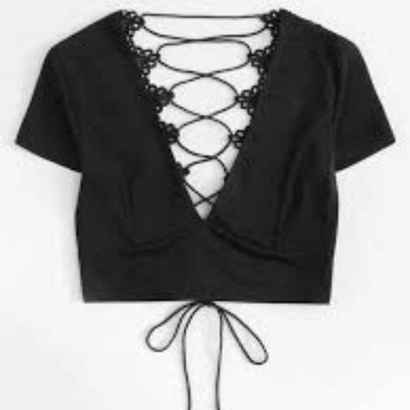 Tops - V Neck Lace-up Tie Back Crochet Top  in Black Size Medium